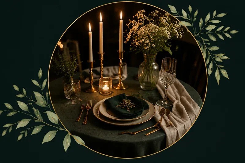 A candlelit table set for dinner — tapered candles in brass holders, gold flatware on a deep green cloth, and a vase of baby's breath.